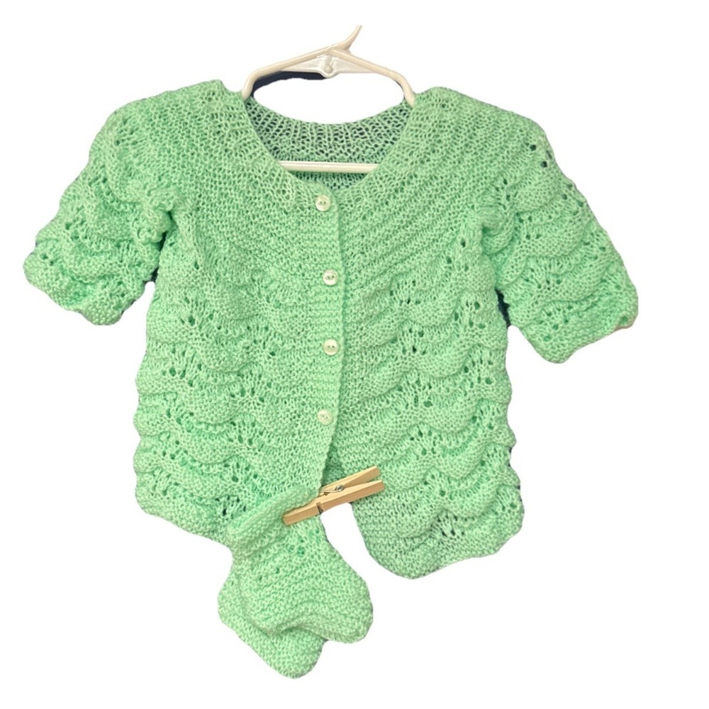 Handmade Crochet Knit Baby Sweater Mint Green & Booties, Infant Newborn Gift New